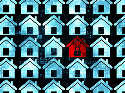 安全概念 数字背景上的红主机图标裂缝蓝色红色房子代码金融政策密码保卫软垫图片