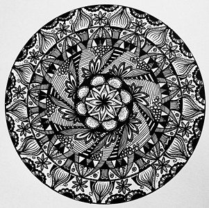 曼达拉插图绘画白色墨水戒指图形黑色环形草图墙基背景图片