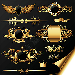 一套装饰性金色标签翅膀插图纹章框架装饰金子卷曲藏书黑色风格图片