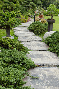 花园的景观美化 花园的路径小路石头园艺玫瑰旅行长椅温泉森林叶子房子图片