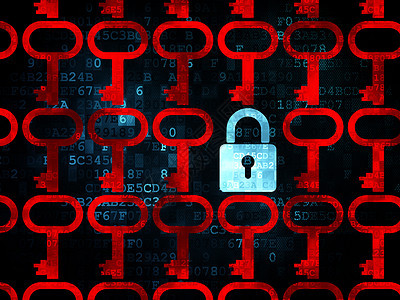 安全概念 数字背景上的闭合挂锁图标红色蓝色政策数据软垫代码保卫犯罪攻击像素化图片
