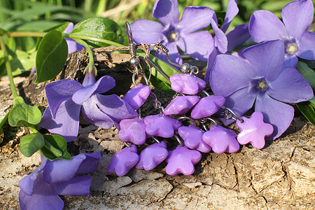 自然背景上的手工制作的紫紫色粘土耳环图片