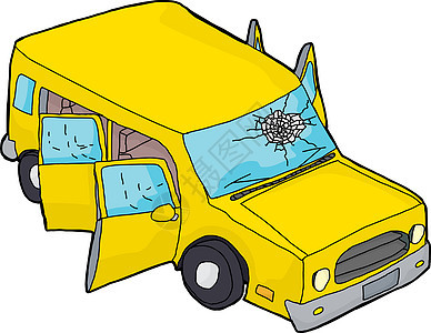 黄色SUV 有破碎的挡风玻璃图片