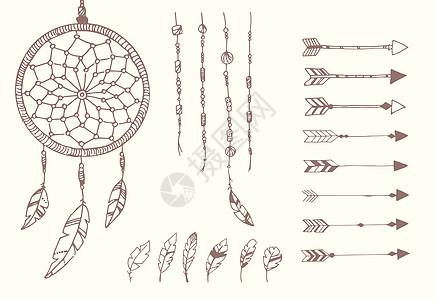 手工绘制的美国本土羽毛 梦想捕猎者 珠珠和箭头 矢量插图图片