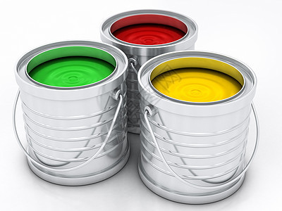 三罐彩色颜料罐瓶子彩虹黄色工作绿色装修绘画液体房子红色图片