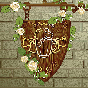 啤酒背景木板植物学酒吧笔记标签玫瑰框架标语泡沫饮料图片