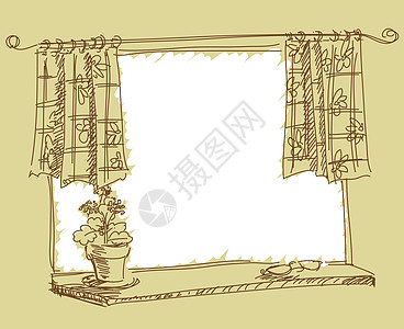 窗户插图窗帘绘画风格花盆装饰褐色草图背景图片