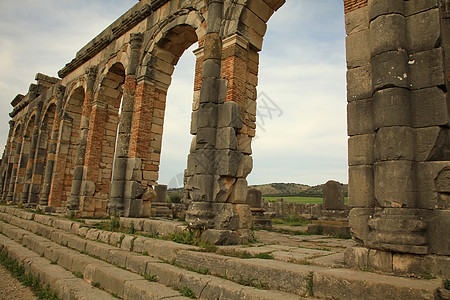 Volubilis 火山卷旅游石头文化城市废墟纪念碑石灰石论坛古物考古学图片