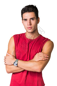 严肃的青年男子在看白色背景孤立的照相机男人手表工作室头发抄手姿势男性红色黑色图片