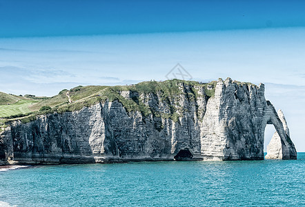 Etretat 诺曼底法国海滩海洋岩石海岸线全景风景天线旅行地标石头图片