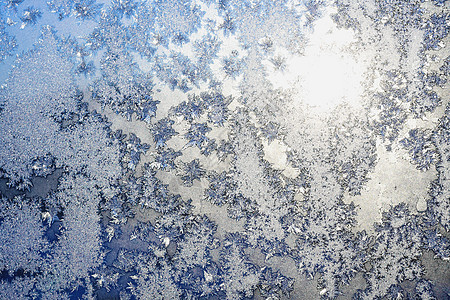 冷冻窗口上的雪花和冰天气季节蓝色太阳薄片冻结场景水晶魔法窗户图片