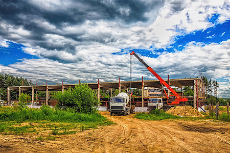 在建建筑中具有hdr效应的建筑物构造光束工业建筑学建造工作地面天空卡车工程图片