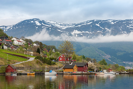 山地风景 挪威湾的村落农村乡村旅行海岸田园邮轮峡湾全景景观海景图片