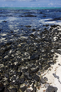 在毛里求斯的岩石天空绿色小岛海岸线棕色泡沫海滩海岸白色波浪图片