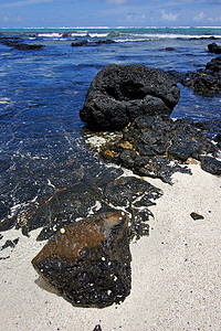 石块中的岩石和石头蓝色海岸绿色天空波浪棕色海洋黑色支撑泡沫图片