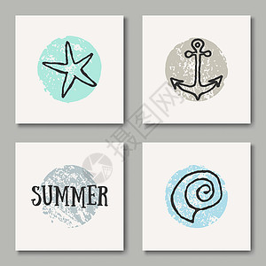 夏期设计卡收藏墨水问候语海星海报蓝色艺术贝壳中风涂鸦圆圈图片