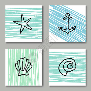 夏期设计卡收藏涂鸦海报圆圈贝壳墨水蓝色艺术中风正方形季节图片