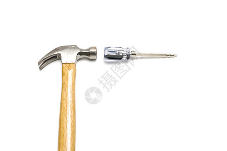 装着锤子的螺旋起工作房子维修工具扳手白色花园工人金属棕色图片