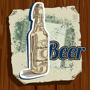 后退标签季节绘画泡沫横幅木头啤酒划痕插图玻璃瓶子图片