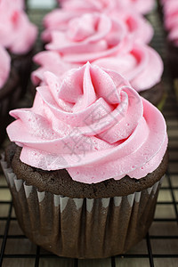 巧克力蛋糕和粉红冰淇淋甜点冷却架蛋糕小吃巧克力食物粉色盘子图片