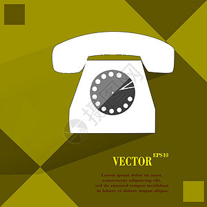Retro 电话 在平面几何抽象背景上的平坦现代网络按钮商业工具白色旋转耳机红色办公室数字讲话服务图片