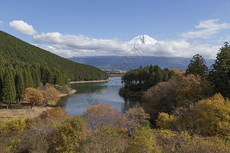 日本秋天福吉山旅行天空商事公吨地标农场日落公园反射树叶图片