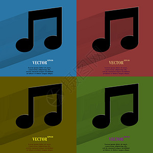 颜色设置音乐音符 平坦的现代网络按钮 带有长阴影和文本空间电脑旋律作曲家作品技术插图低音创造力黑色交响乐图片
