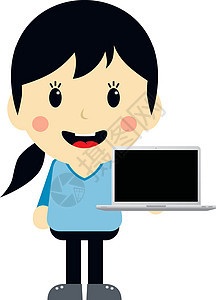 带有笔记本卡通字符的可爱女孩休闲服决策棕色女士微笑工具卡通片电脑推介会胡子图片