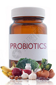 益生元抗生素药丸概念药物食品奶制品食物坚果免疫补充豆子蔬菜酸奶背景