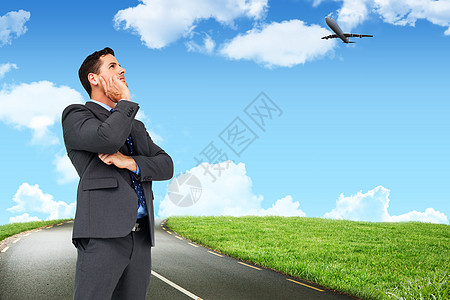 思维商务人士的复合形象 商业商公司男性航班专注地平线男人商务绘图旅游旅行图片