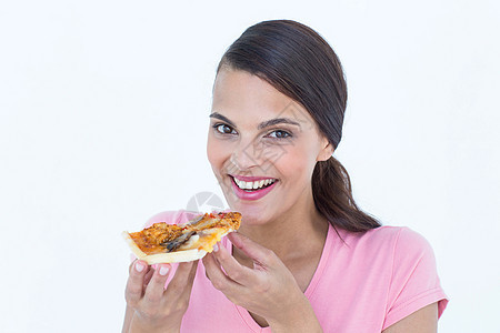 美丽的女人吃比萨饼食物饮食午餐快乐长发女性女士棕色微笑头发图片