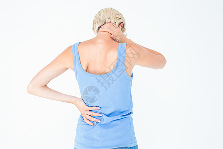 遭受颈部疼痛的妇女肌肉脖子按摩痛苦女性背心金发女士金发女郎身体背景图片