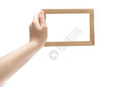 手持相片框画廊框架艺术正方形棕色拇指边界空白女士木头背景图片
