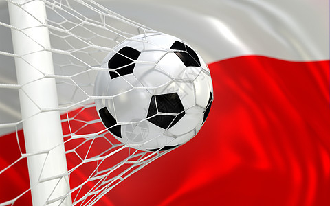 波兰在目标网中挥舞旗帜和足球球图片