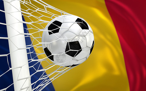 罗马尼亚在目标网中挥舞旗帜和足球球图片