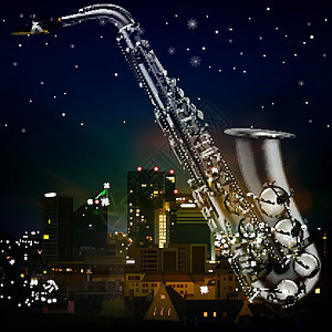 带有城市和萨克斯语的抽象夜幕背景天空天际反射旋律金属黄铜插图音乐音乐会全景图片