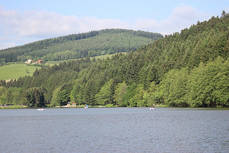 山中湖的景观法国蓝色空气针叶树假期森林风景公园木头全景环境图片