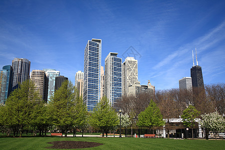 芝加哥天线蓝色城市办公室树木建筑物旅行景观太阳晴天天际图片