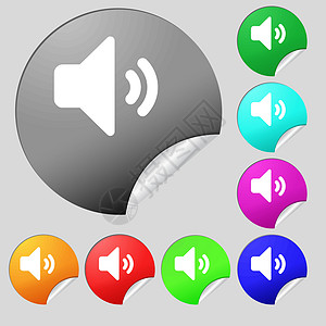音响音量 声音图标符号 一组8个多色圆环按钮 标签 矢量图片