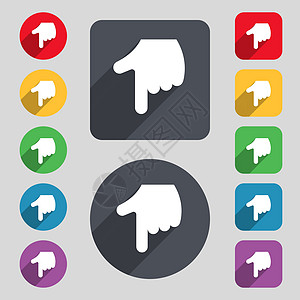 指向手图标符号 一组由12个彩色按钮和长阴影组成 平坦的设计 矢量商业指针老鼠电脑艺术技术屏幕网络手指指纹图片