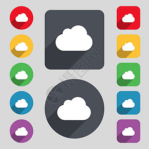 云形图标符号 一组由12个彩色按钮和长阴影组成 平坦的设计 矢量图片