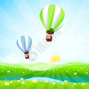 绿色风景与热空气气球爬坡插图草地叶子衬套土地洋甘菊环境植物蓝色图片
