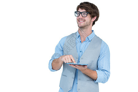 使用平板电脑的帅哥男性男人微笑药片棕色滚动头发触摸屏快乐图片