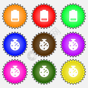 低电量电池 电力图标符号 一组九种不同彩色标签 矢量图片