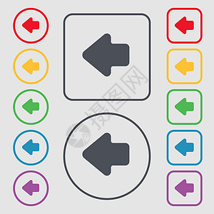 向左箭头 退出图标符号 圆形上的符号和带框架的方按钮 矢量图片