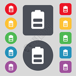 电池半级 低电量图标标志 一组 12 个彩色按钮 平面设计 向量图片