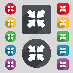 转向全屏幕图标符号 一组由12个彩色按钮和长阴影组成 平坦的设计 矢量图片