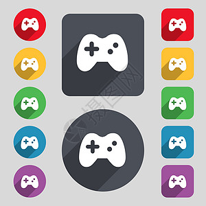 玩偶板图标符号 一组由12个彩色按钮和长阴影组成 平坦的设计 矢量图片