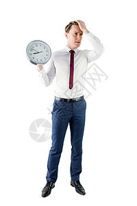 持钟表的愤怒商务人士前额男人时间人士领带商务焦虑男性套装图片