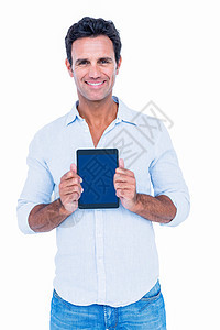 拥有平板电脑的帅哥男性男人微笑触摸屏药片快乐图片